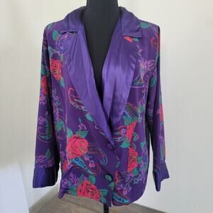 VTG Victorias Secret Gold Label Purple Floral Blazer‎ Long Sleeve Satin Lounge